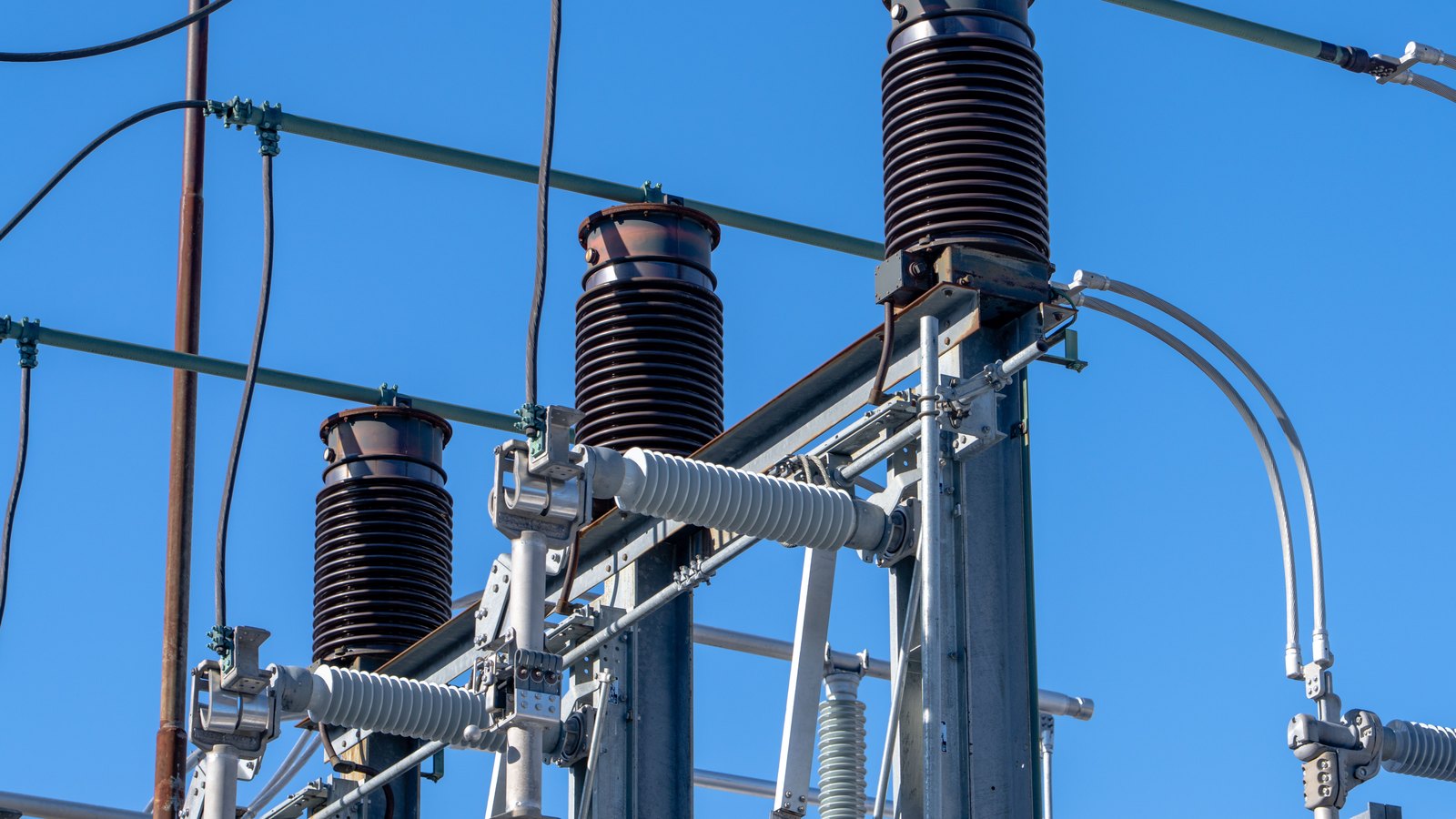 A photograph illustrating electrical substation transformer.