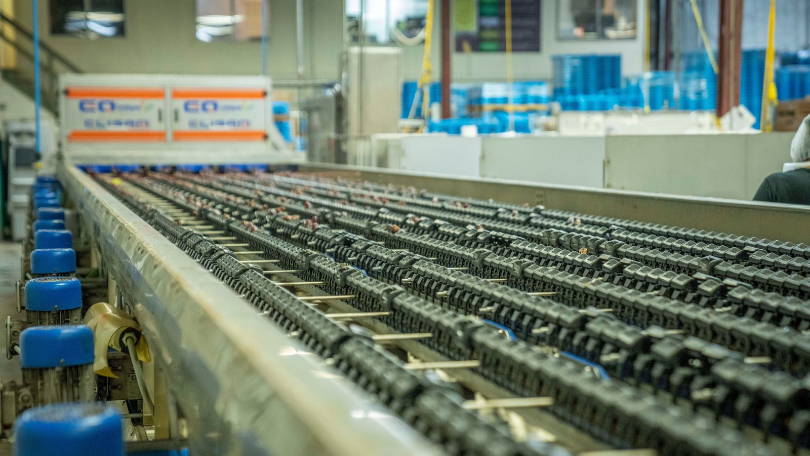 A conveyor system runs through an industrial production plant.