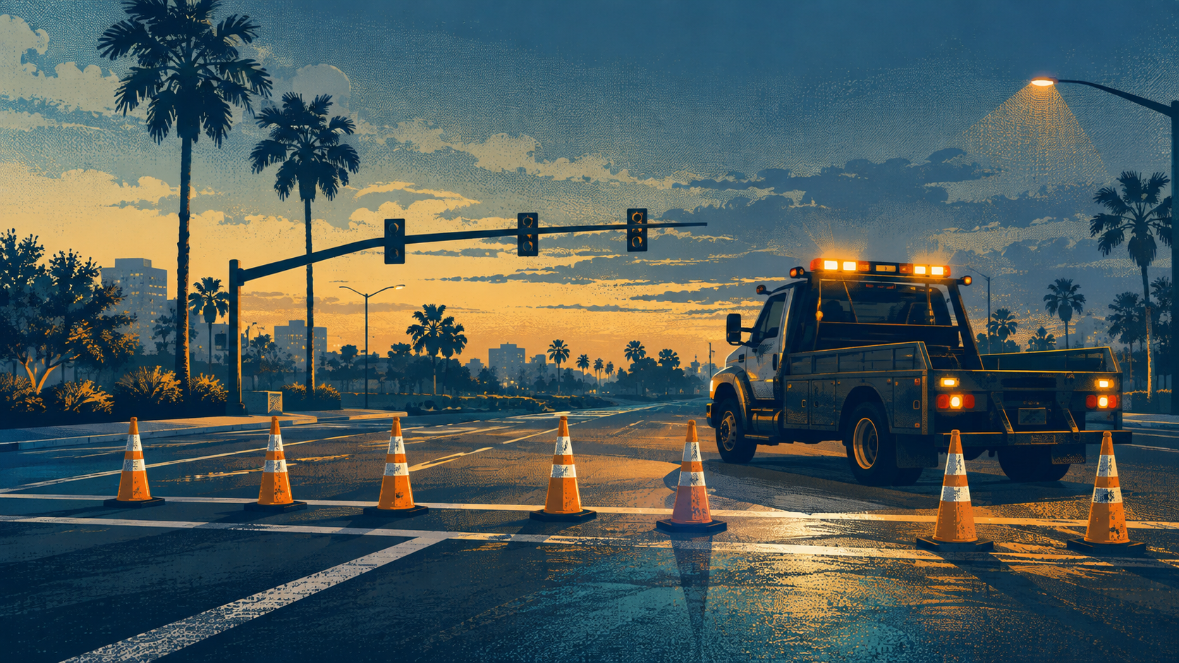 A screen print style editorial illustration of cones and an unmarked service truck blocking a palm lined road at dusk, not a photograph of this event.