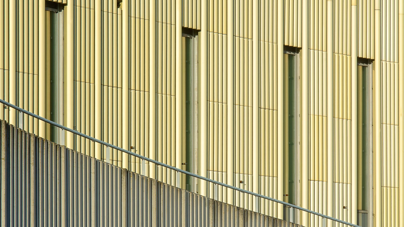 An industrial building wall photographed square on, clad in close set vertical yellow tubes running the full height of the frame, broken by four narrow dark slot windows, with a diagonal metal handrail and a grey ribbed lower wall crossing the lower left corner in warm side light.
