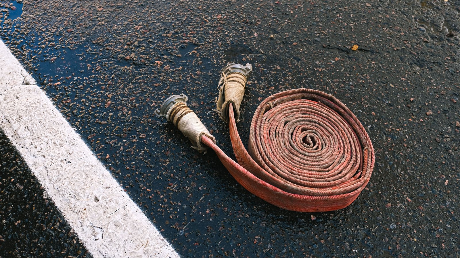 A red canvas fire hose lying coiled in a flat spiral on wet dark asphalt, its two pale couplings resting side by side on the road beside it. A white painted lane line runs across the lower left corner of the frame. No person, vehicle, building, signage, text or place name is in view.