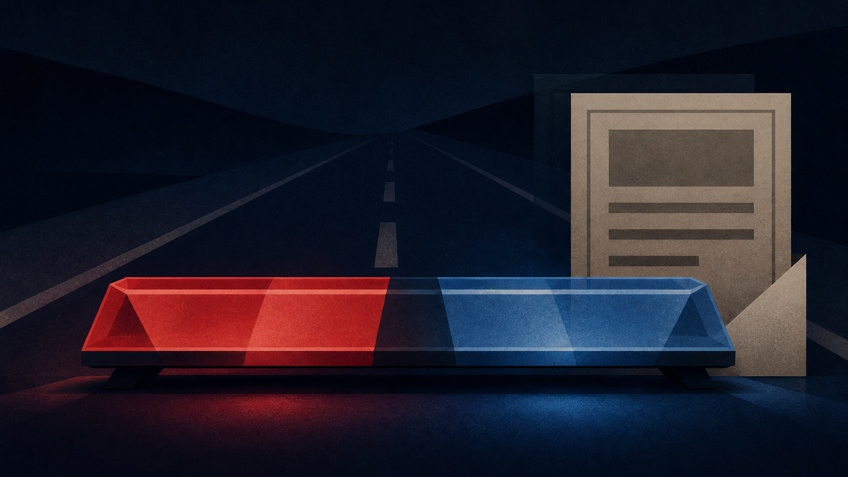 A flat editorial illustration of a generic red and blue emergency light bar beside a document shape on a dark roadway, not a photograph of this event.