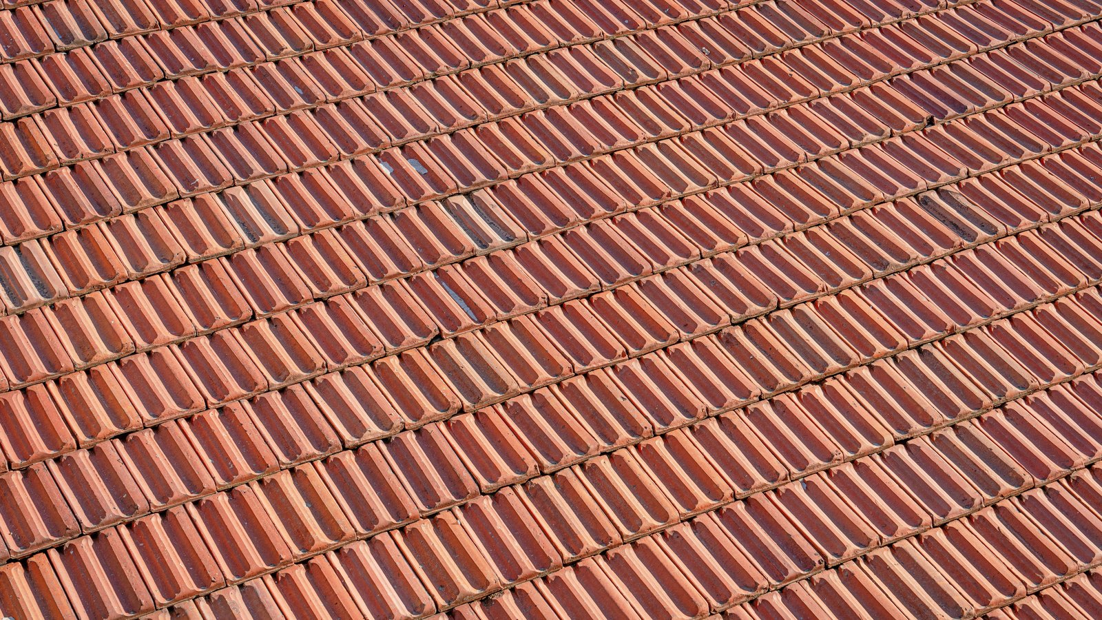 A tiled roof seen from above and filling the frame. Long rows of red clay barrel tiles run in overlapping courses from the lower left to the upper right, varying from orange to deep brick red, with shadow between each rank. No sky, buildings, lettering or markings are visible.