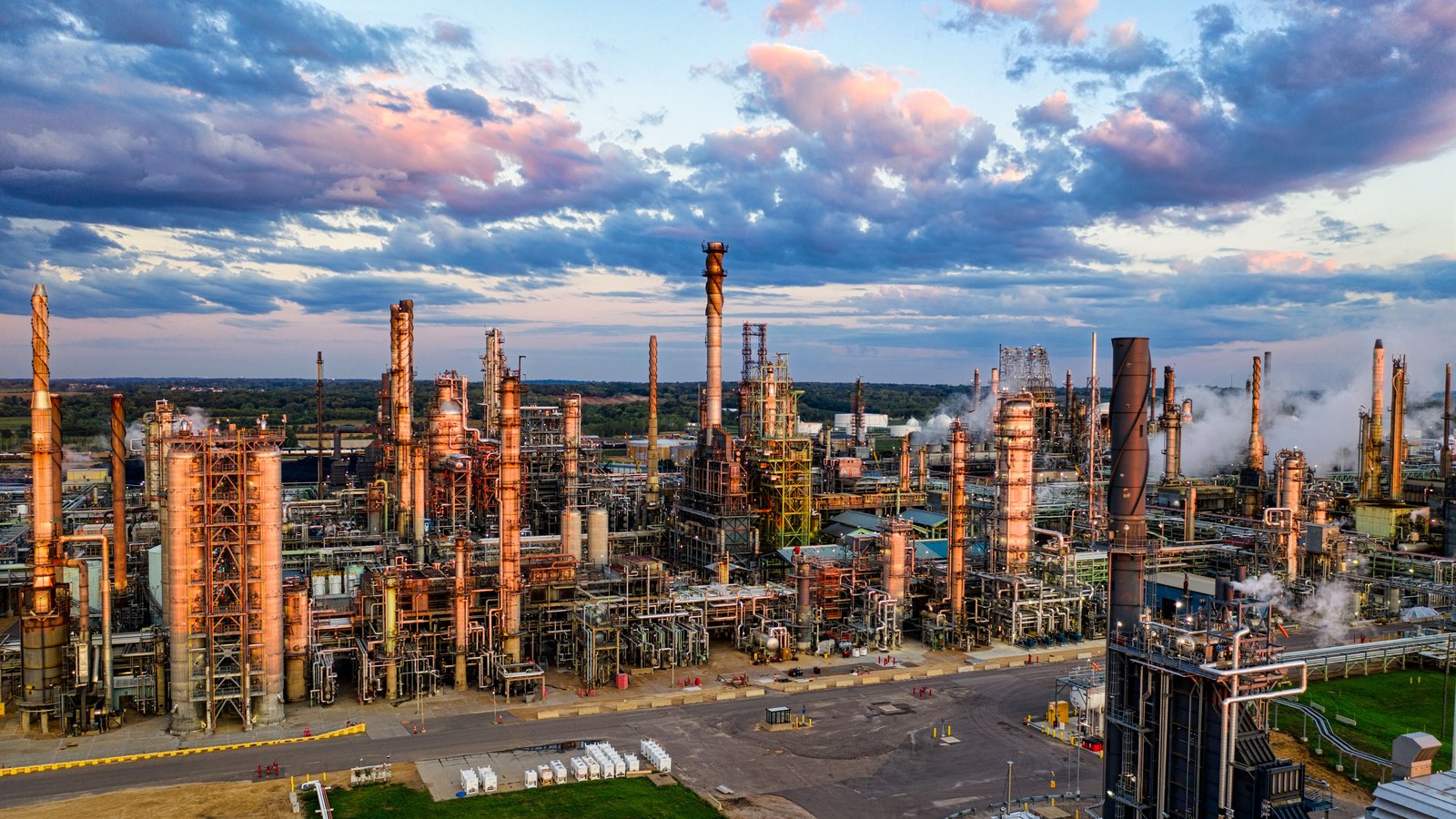 A photograph illustrating oil refinery at dusk.