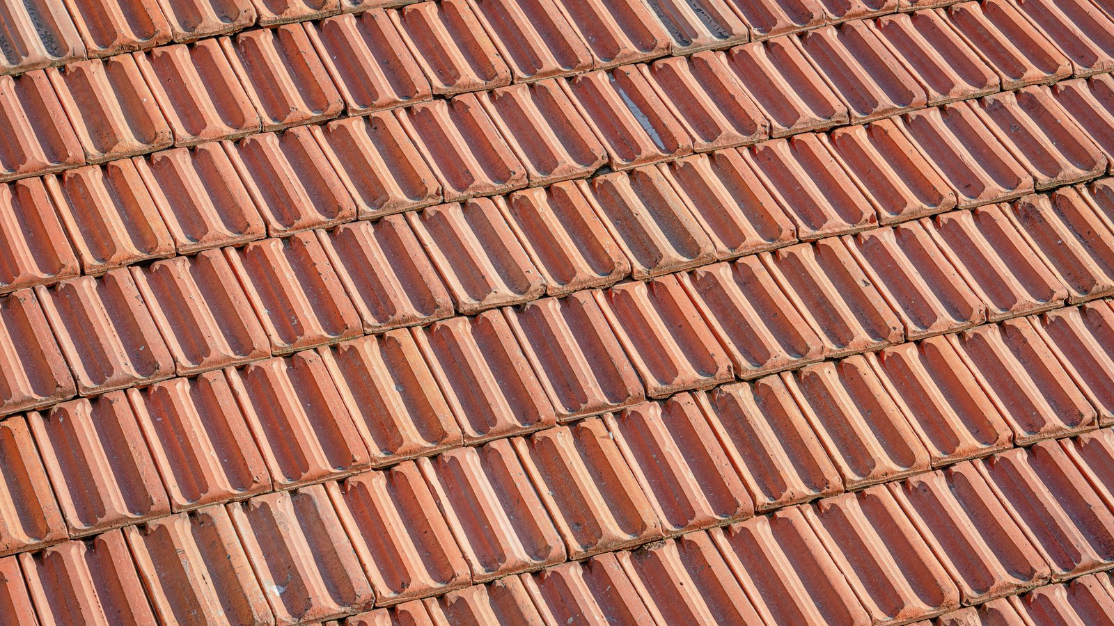 A close photograph of interlocking fired clay roof tiles filling the frame in diagonal courses, the red and orange bodies weathered to slightly different shades with fine grit caught in the channels. No sky, building, person, marking or lettering is in view.