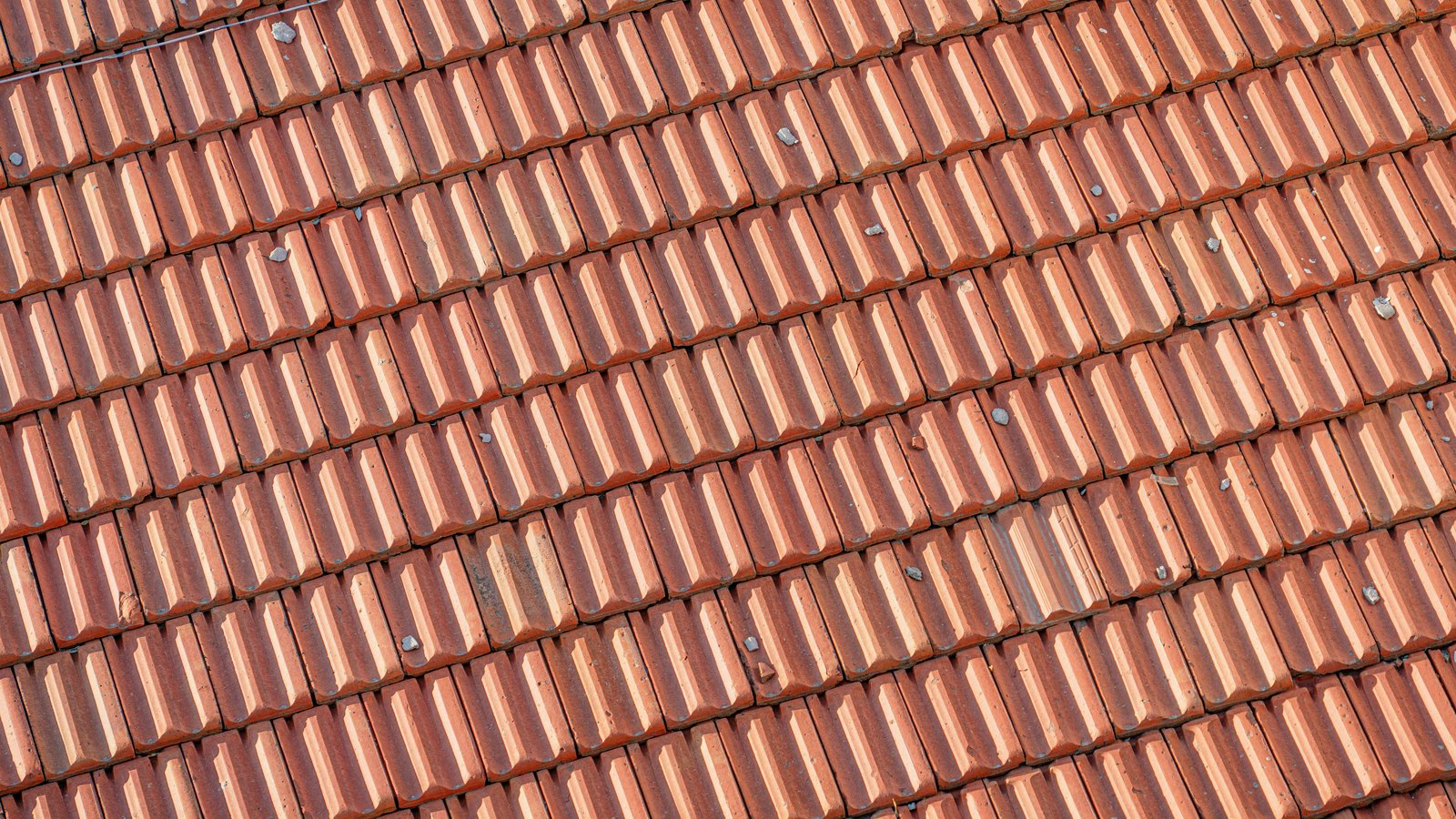 A close photograph of a tiled roof filling the whole frame, rows of ribbed terracotta tiles running in overlapping courses across the picture with a few small stones caught between them. No text, brand mark, person, sky, building outline or identifiable place is in view.