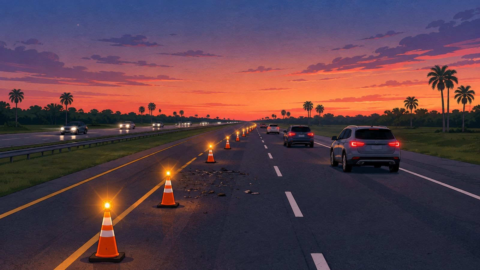 A house illustration of orange cones and amber warning lights guiding cars around debris in the left lane of a flat palm lined highway, not a photograph of this event.