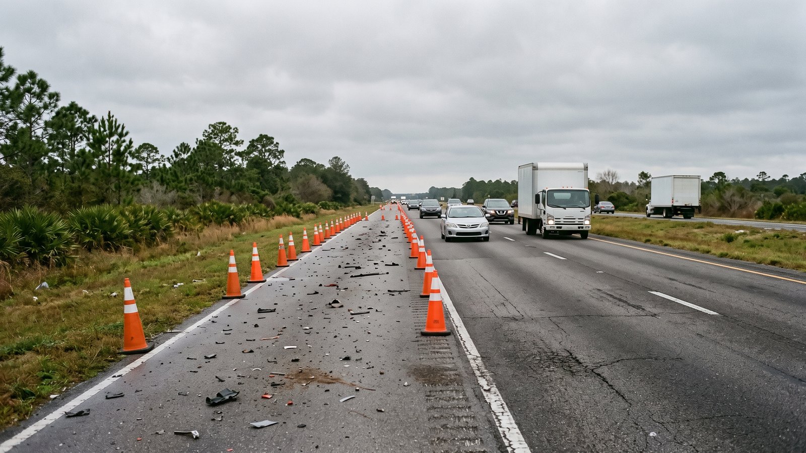 An illustration of a three lane interstate under flat grey overcast light. The left lane is coned off with a long line of orange traffic cones and is scattered with small dark vehicle debris, while cars and a plain white box truck move in the two open lanes to the right. Slash pines and saw palmetto line the grassy verge. No person, registration plate, road sign, agency marking or identifiable place is visible anywhere in the frame. A generic depiction of a partly reopened interstate lane closure, not a photograph of this event.