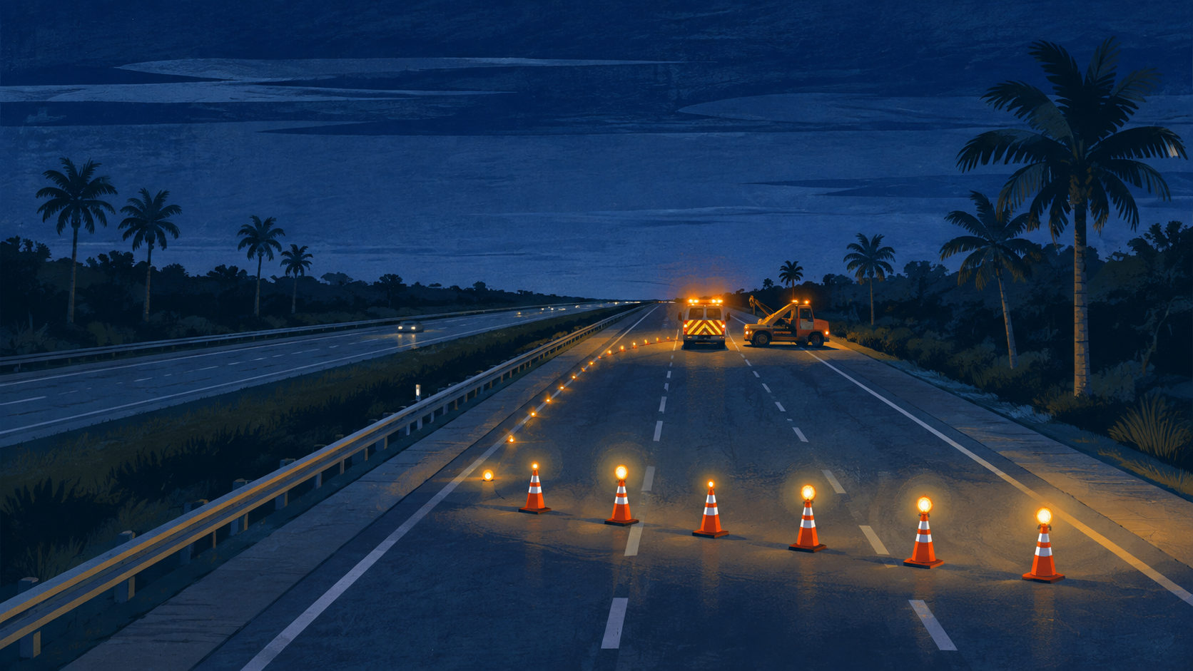 A house illustration of cones and amber lights blocking a palm lined divided highway at night, not a photograph of this event.