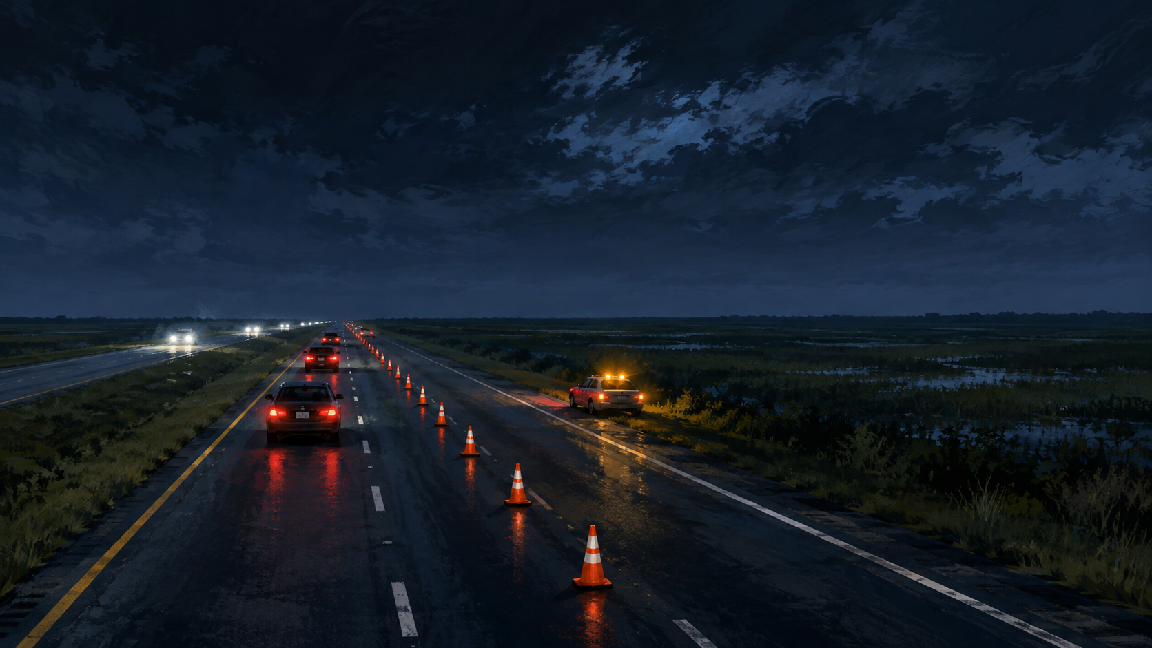 A house illustration of cones closing the right lane of a wetland highway at night, not a photograph of this event.