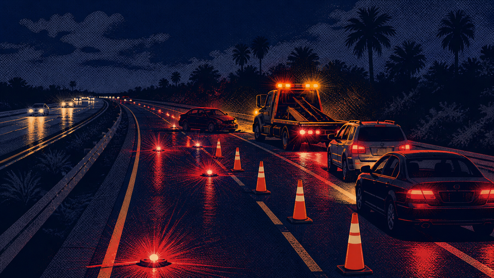 A screen printed house illustration of cones, flares and a tow truck blocking two lanes on a palm lined highway at night, not a photograph of this event.