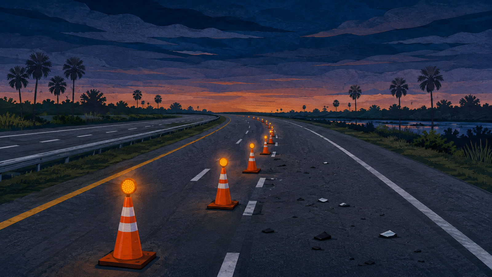 A house illustration of orange cones and amber warning lights guiding traffic away from debris on a flat palm lined highway, not a photograph of this event.