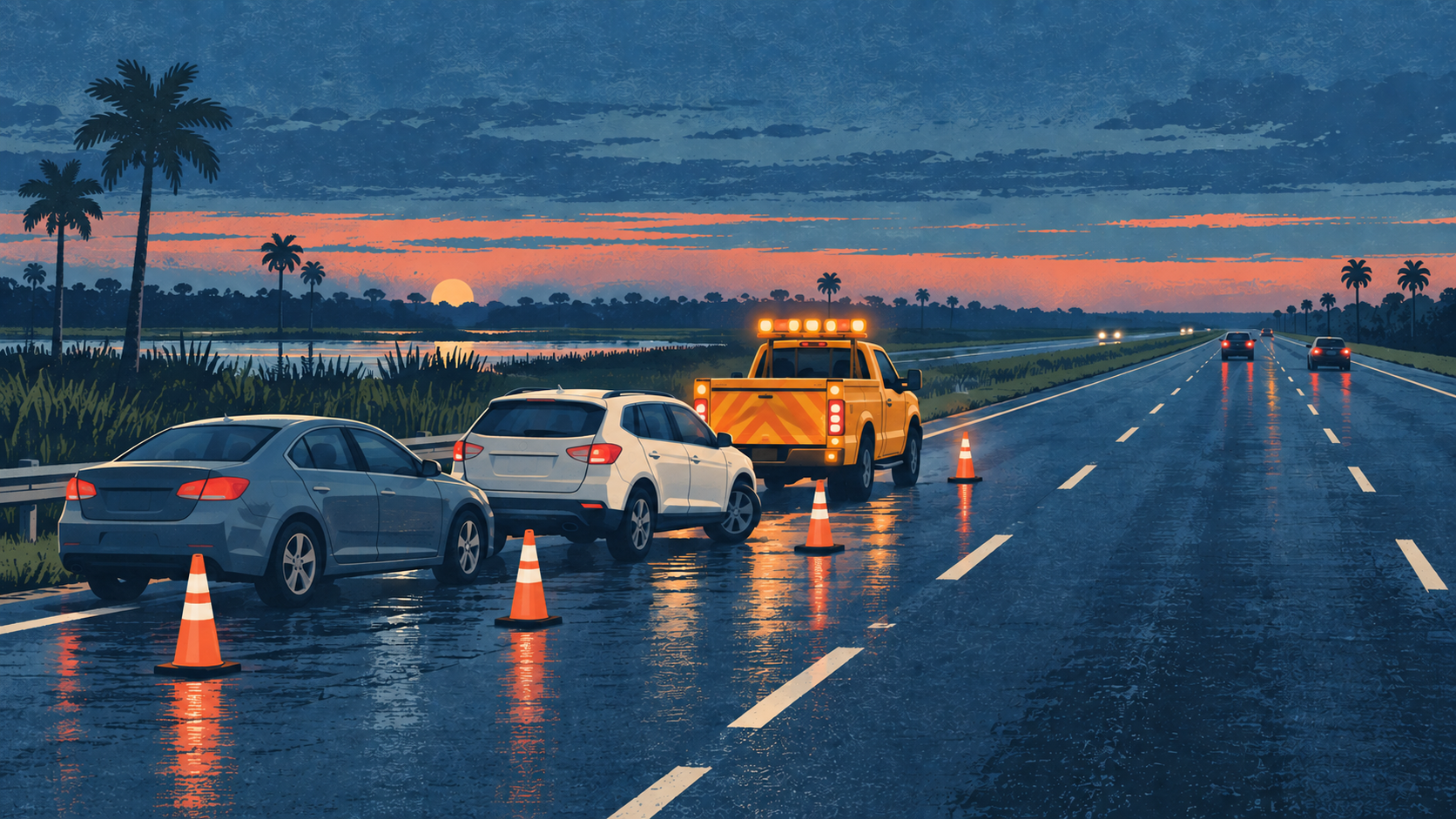 A screen printed illustration of two stopped cars, traffic cones and an amber response truck beside open highway lanes at dawn, not a photograph of this event.