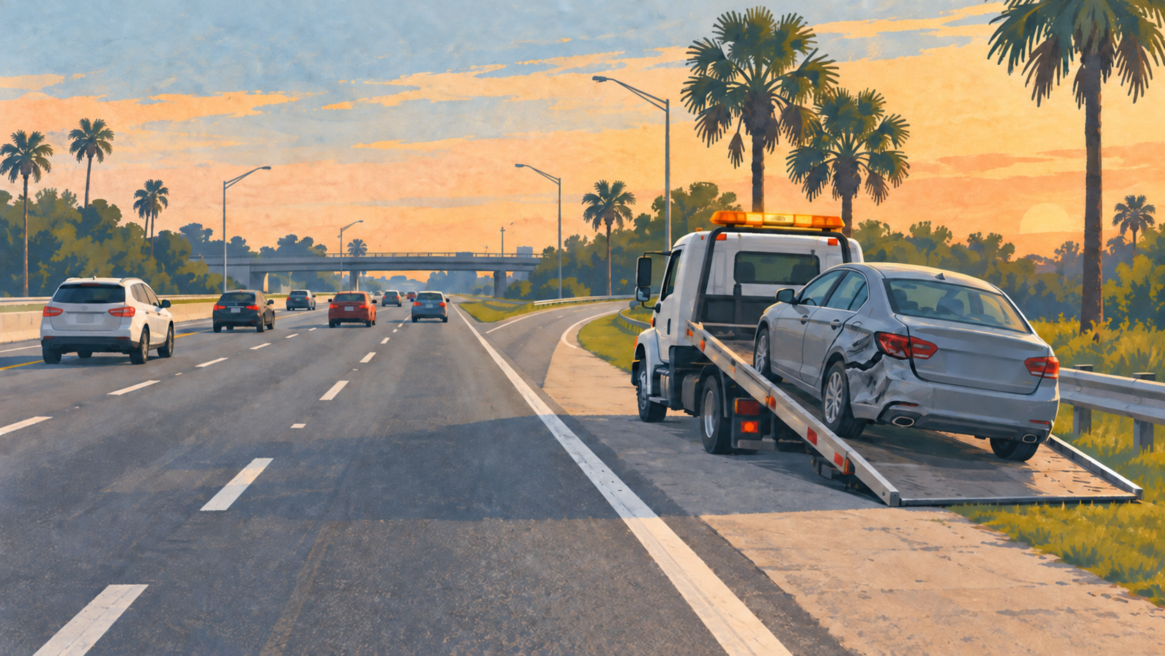 A gouache style illustration of an unmarked tow truck carrying a damaged sedan on a palm lined interstate shoulder, not a photograph of either event.