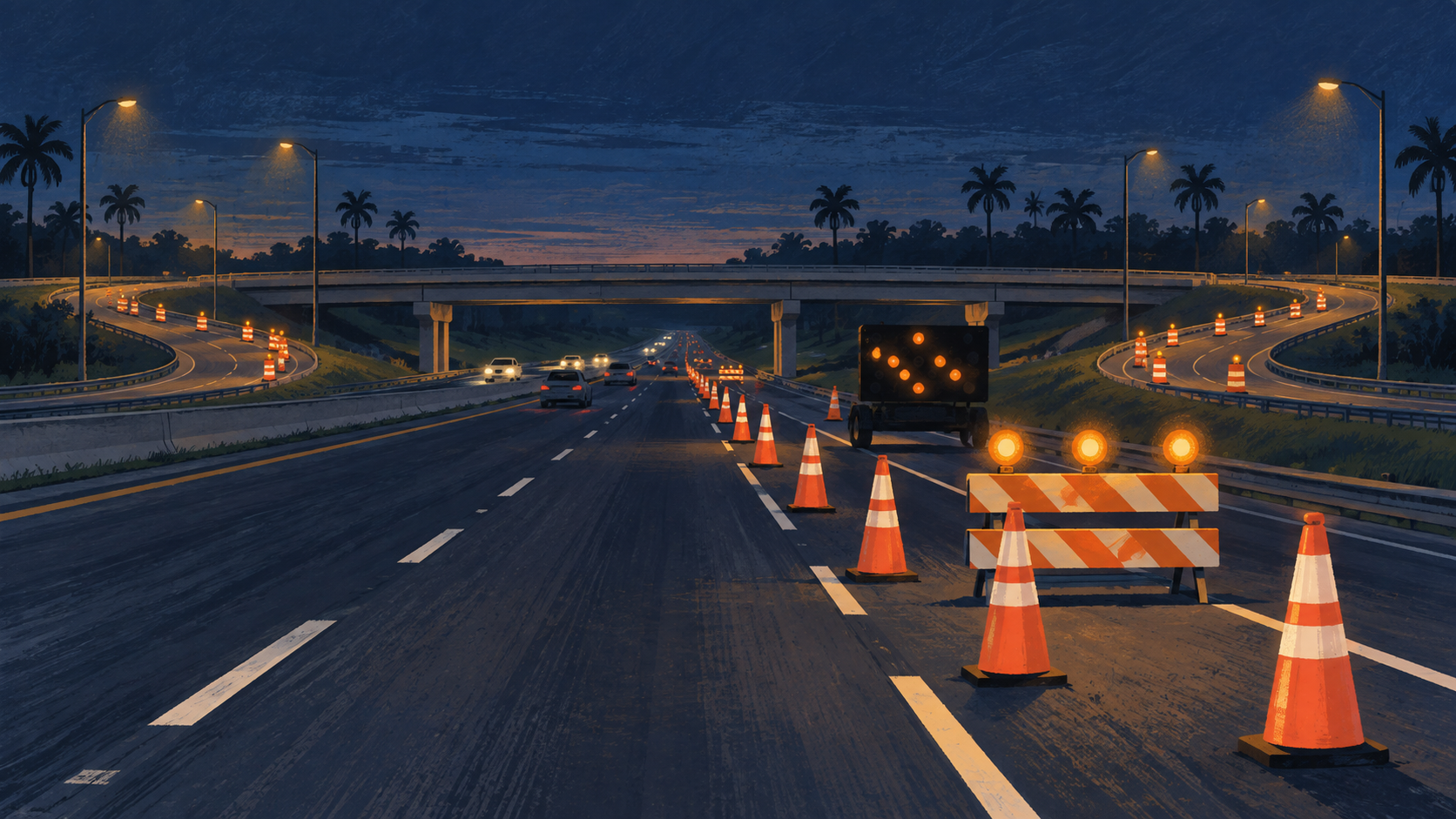 A screen printed illustration of cones and amber warning lights restricting lanes at a palm lined highway interchange before dawn, not a photograph of this event.