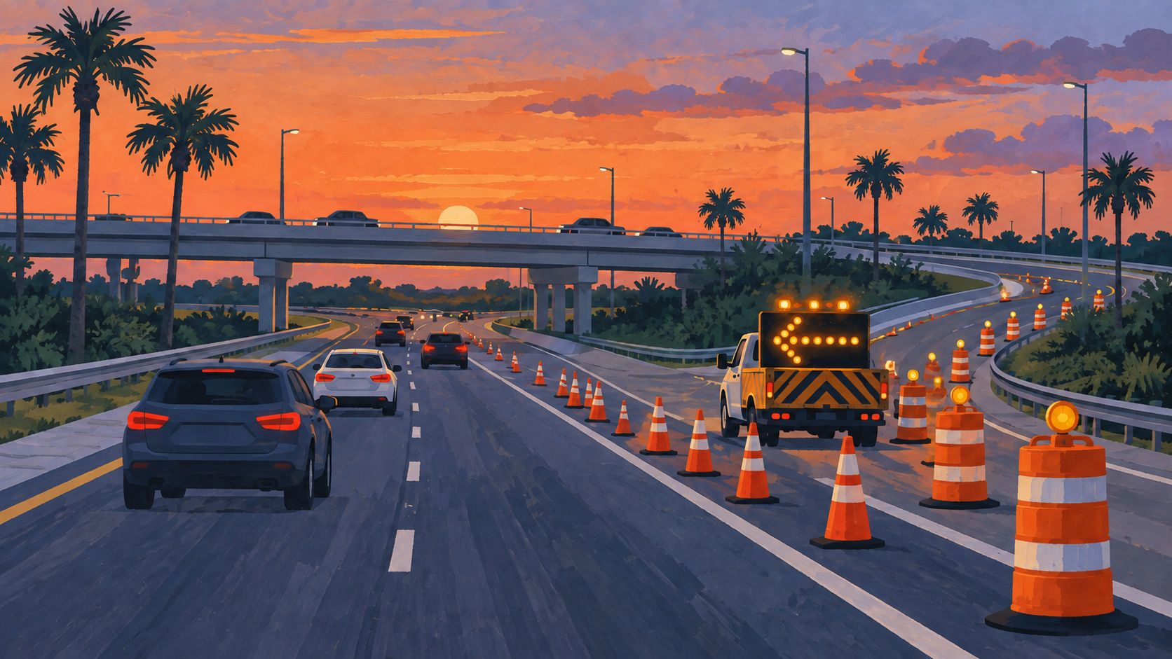 A screen printed illustration of cones and amber warning lights restricting ramp lanes at a palm lined highway interchange at dusk, not a photograph of this event.