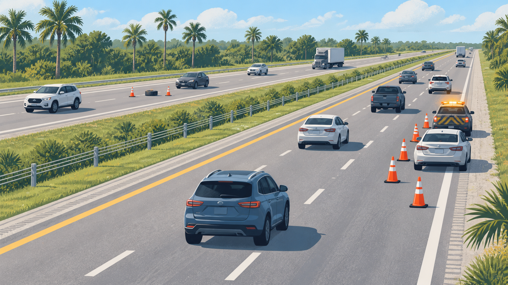 An editorial illustration of cones and warning lights around two one lane hazards on a palm lined divided highway, not the actual events.