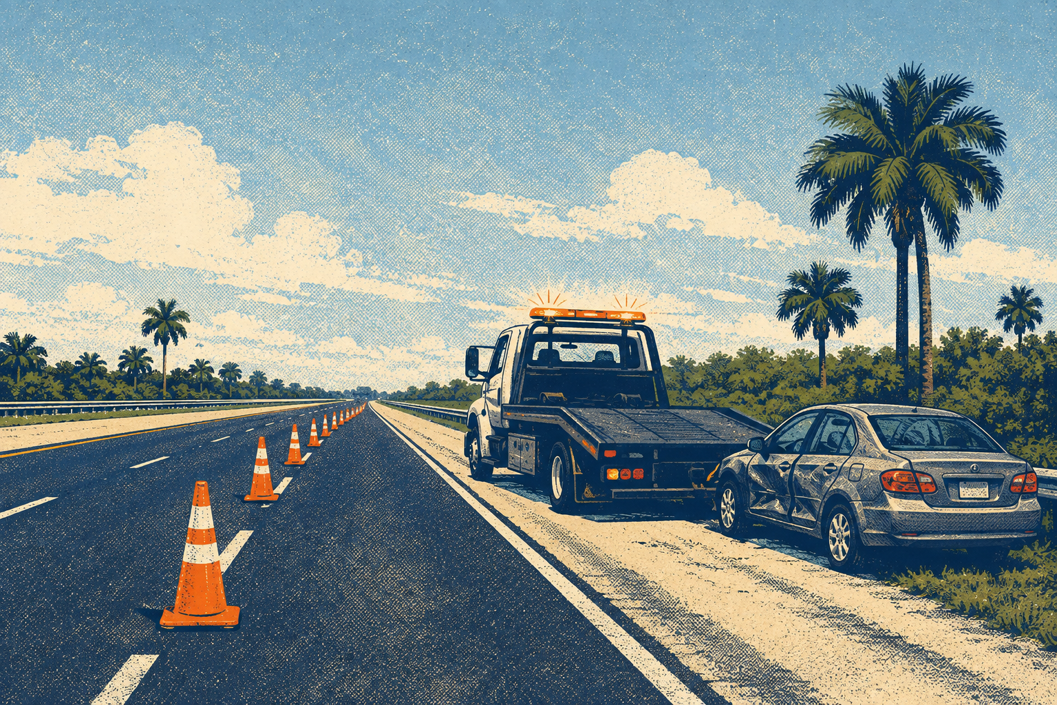 An editorial illustration of a tow truck, a damaged car and orange cones closing an interstate lane beneath palm trees, not a photograph of this event.