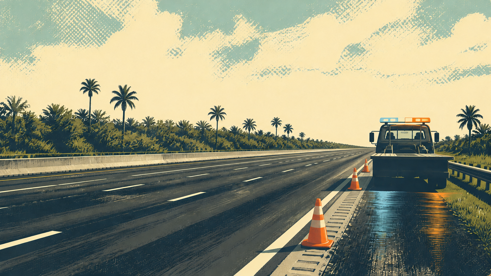 A screen printed house illustration of an unmarked tow truck and orange cones on the shoulder of an empty palm lined highway, not a photograph of this event.