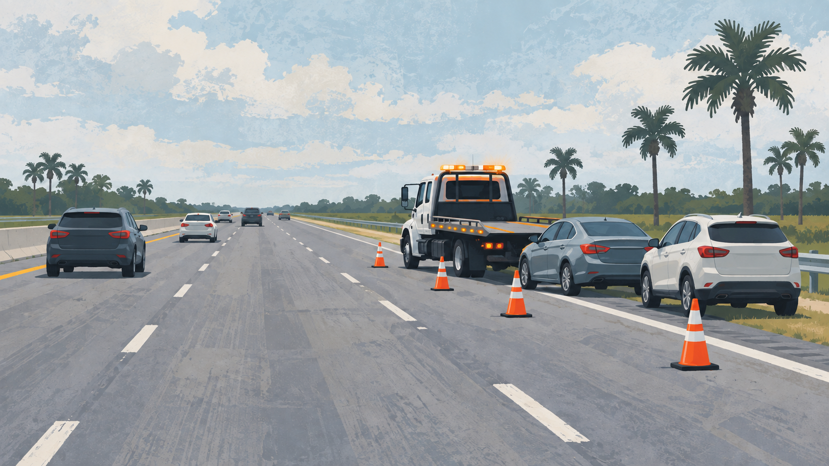 A gouache style illustration of an unmarked tow truck, two stopped vehicles and traffic cones in the right lane of a palm lined interstate, not a photograph of this event.