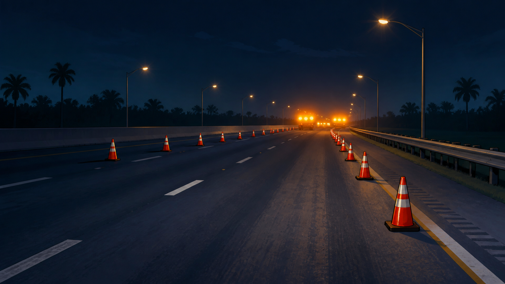 An editorial illustration of orange cones and amber response lights closing lanes on a palm-lined highway at night, not the actual event.
