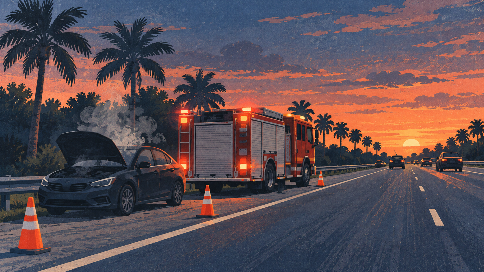 A gouache and screen print illustration of an unmarked fire engine beside a smoking car on a palm lined highway at dusk.