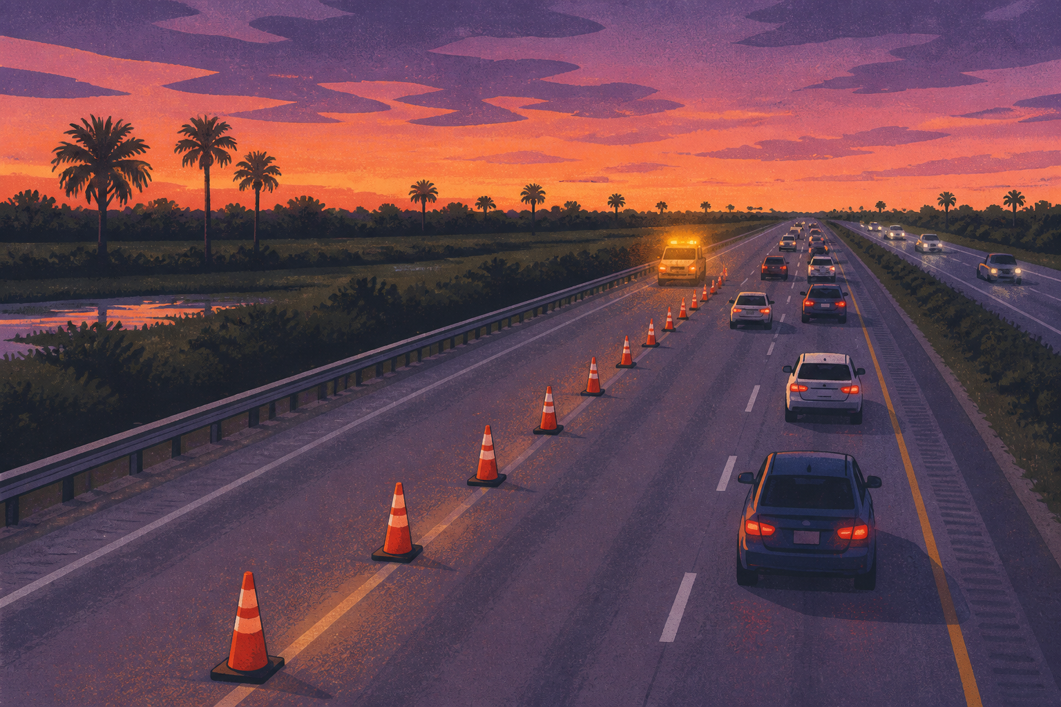 A screen-printed editorial illustration of cones closing a highway lane at dusk with amber lights and palms, not the actual event.