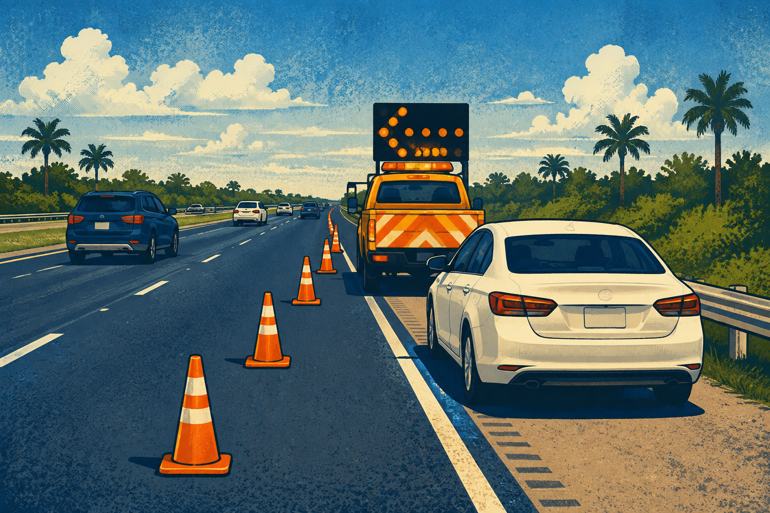 A screen-printed illustration of a disabled car, amber response truck and cones on a palm lined highway, not a photograph of this event.