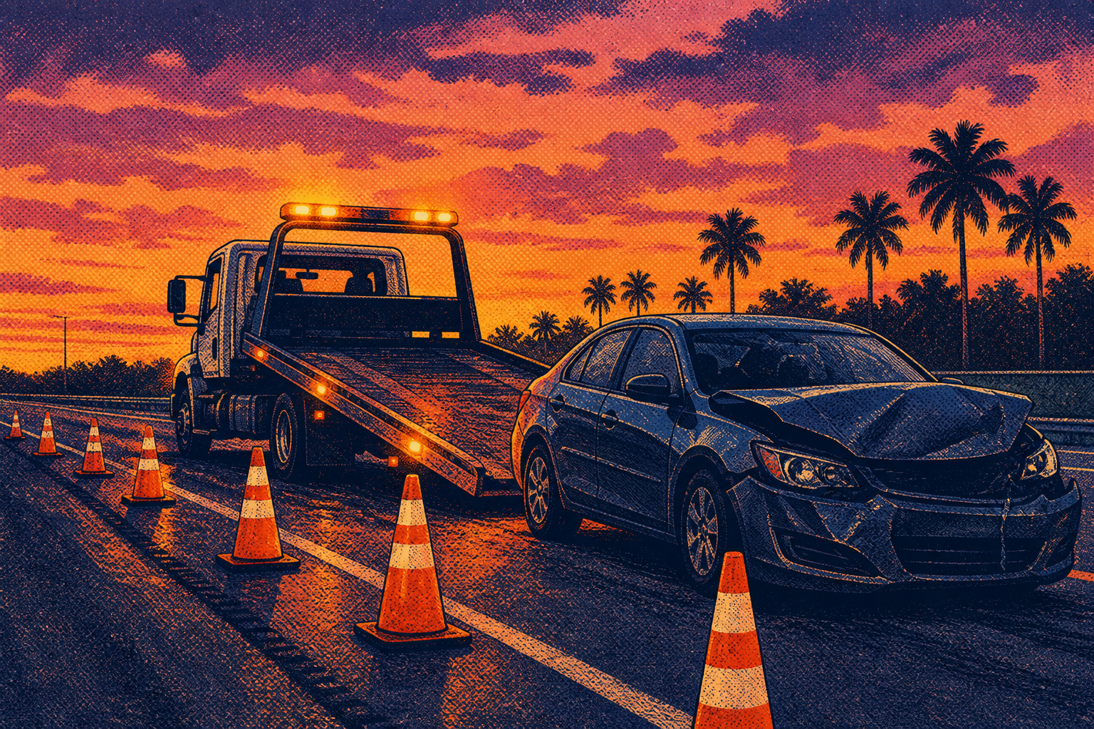 A screen printed illustration of a tow truck, damaged car and cones on a palm lined highway at dusk, not a photograph of this event.