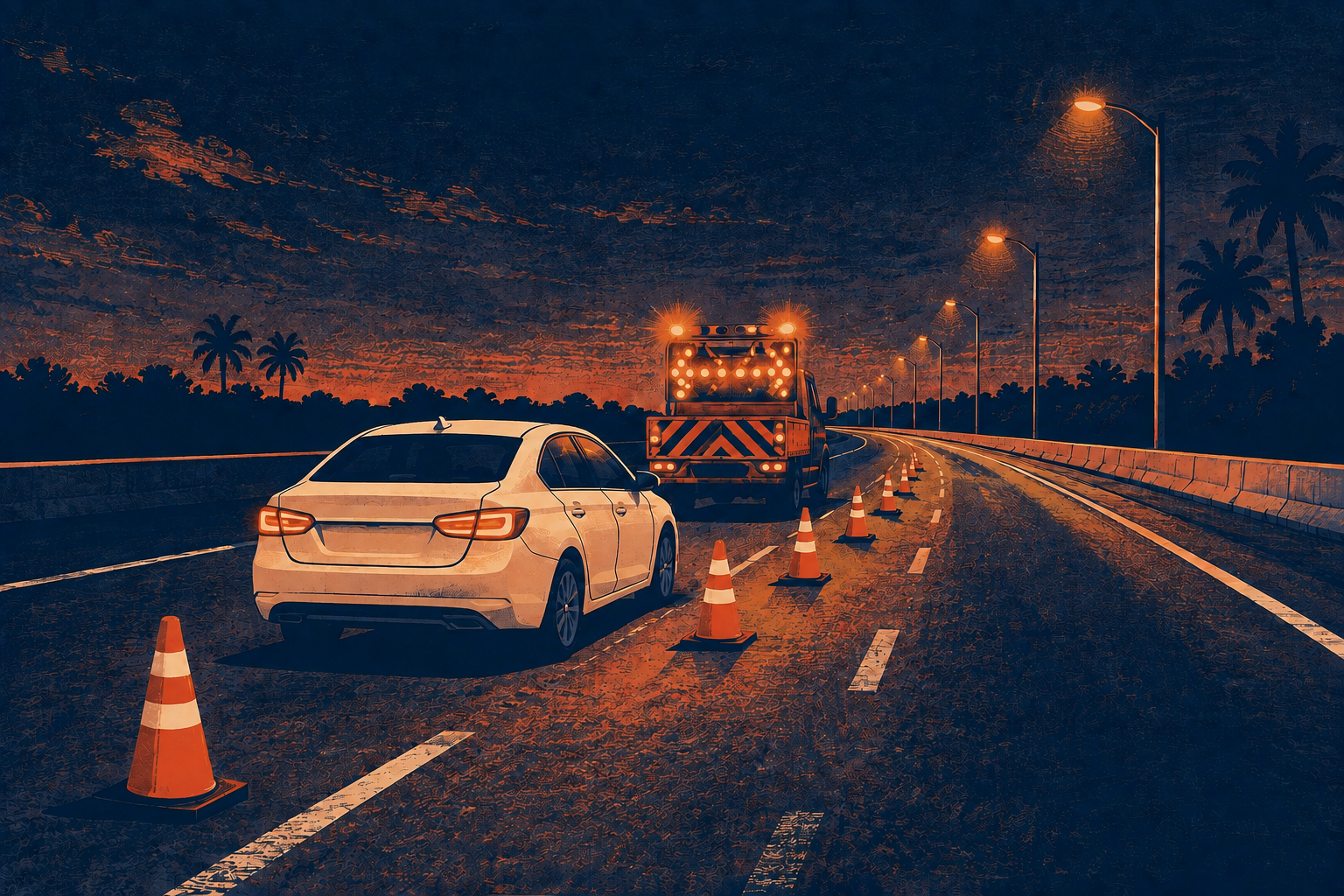 A screen-printed illustration of a disabled car, cones and an amber response truck on a palm-lined highway at night, not a photograph of this event.