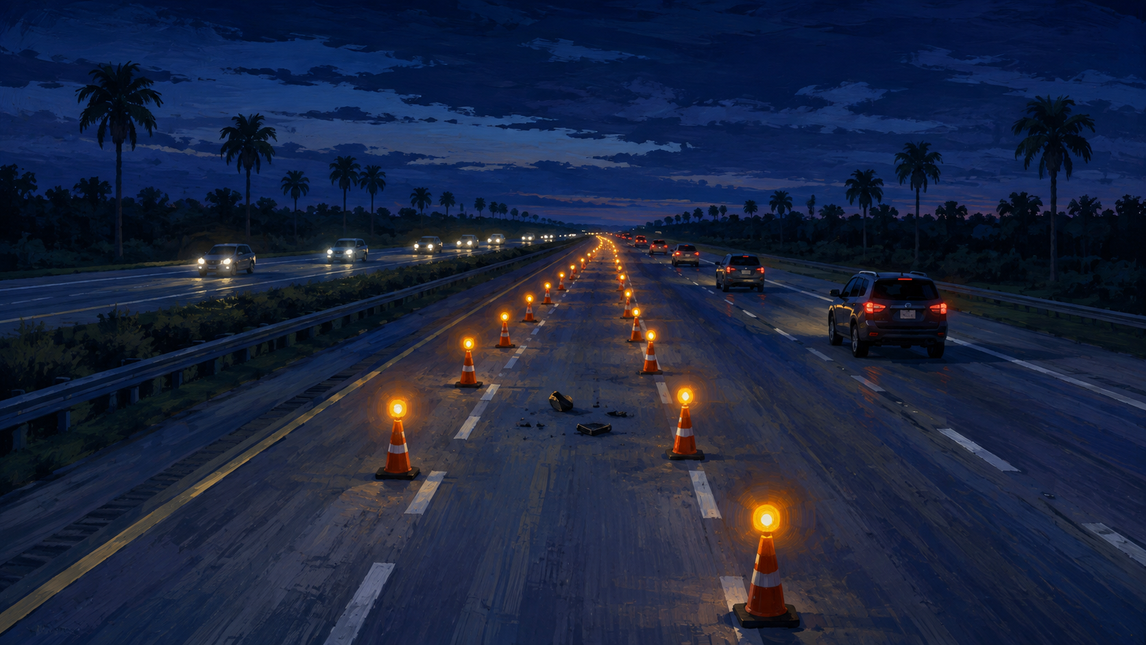 A painterly illustration of cones and warning lights around small debris in one lane of a palm lined divided highway, not the actual event.