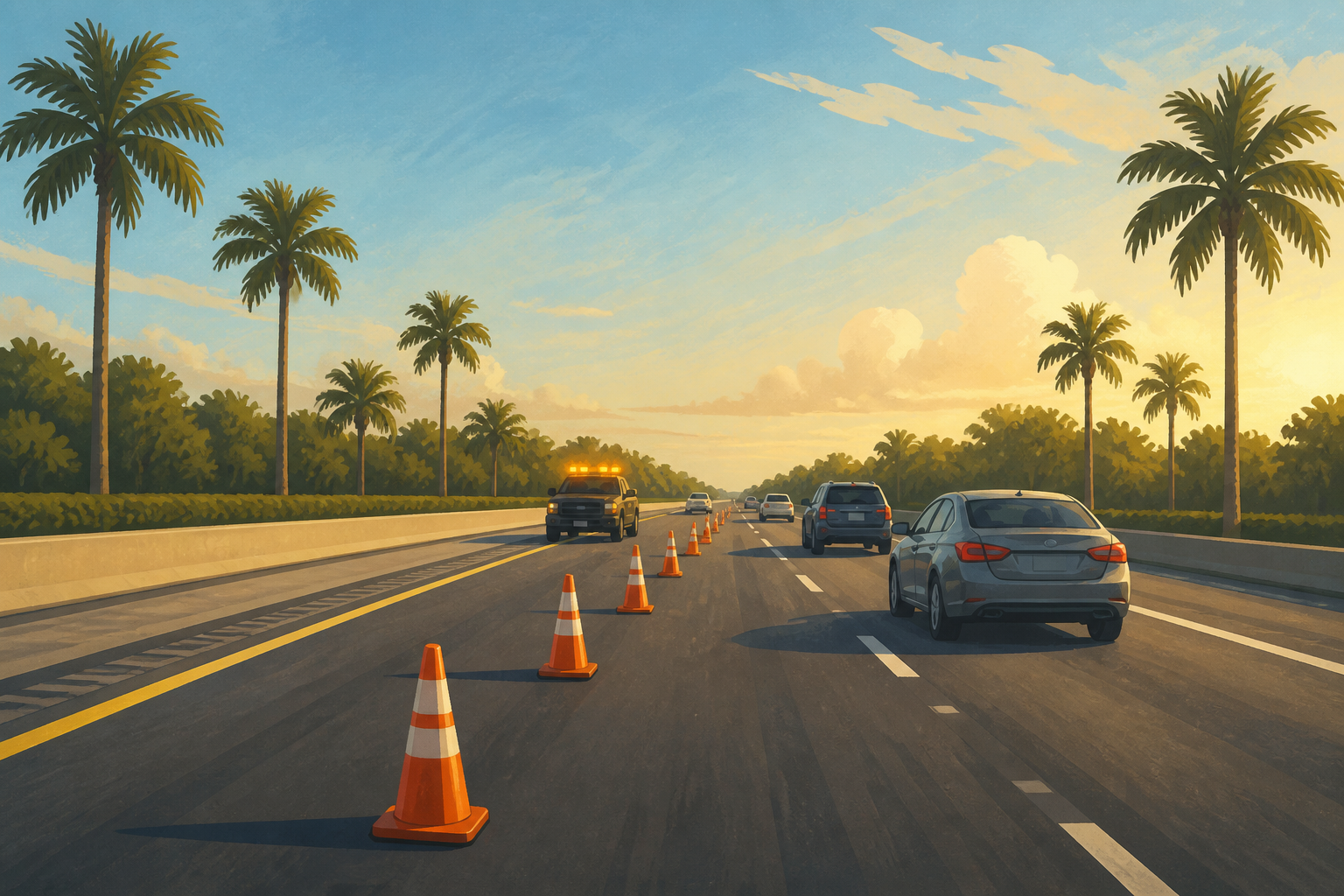 An editorial illustration of cones and amber response lights closing a lane on a palm-lined highway, not the actual event.