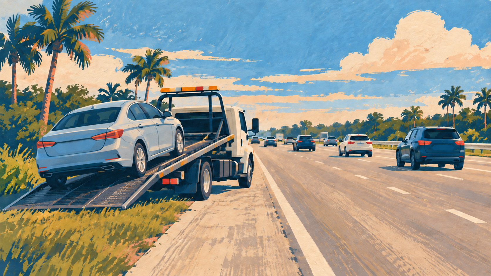 A painted illustration of an unmarked tow truck carrying a sedan beside open interstate lanes, not a photograph of this event.