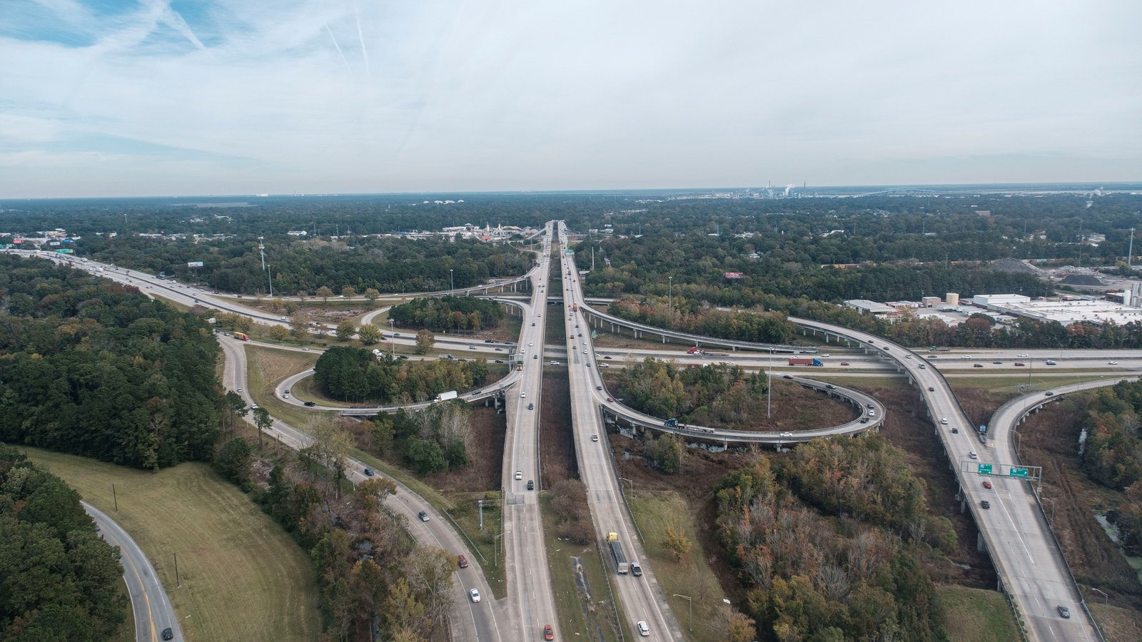A highway interchange viewed from above.