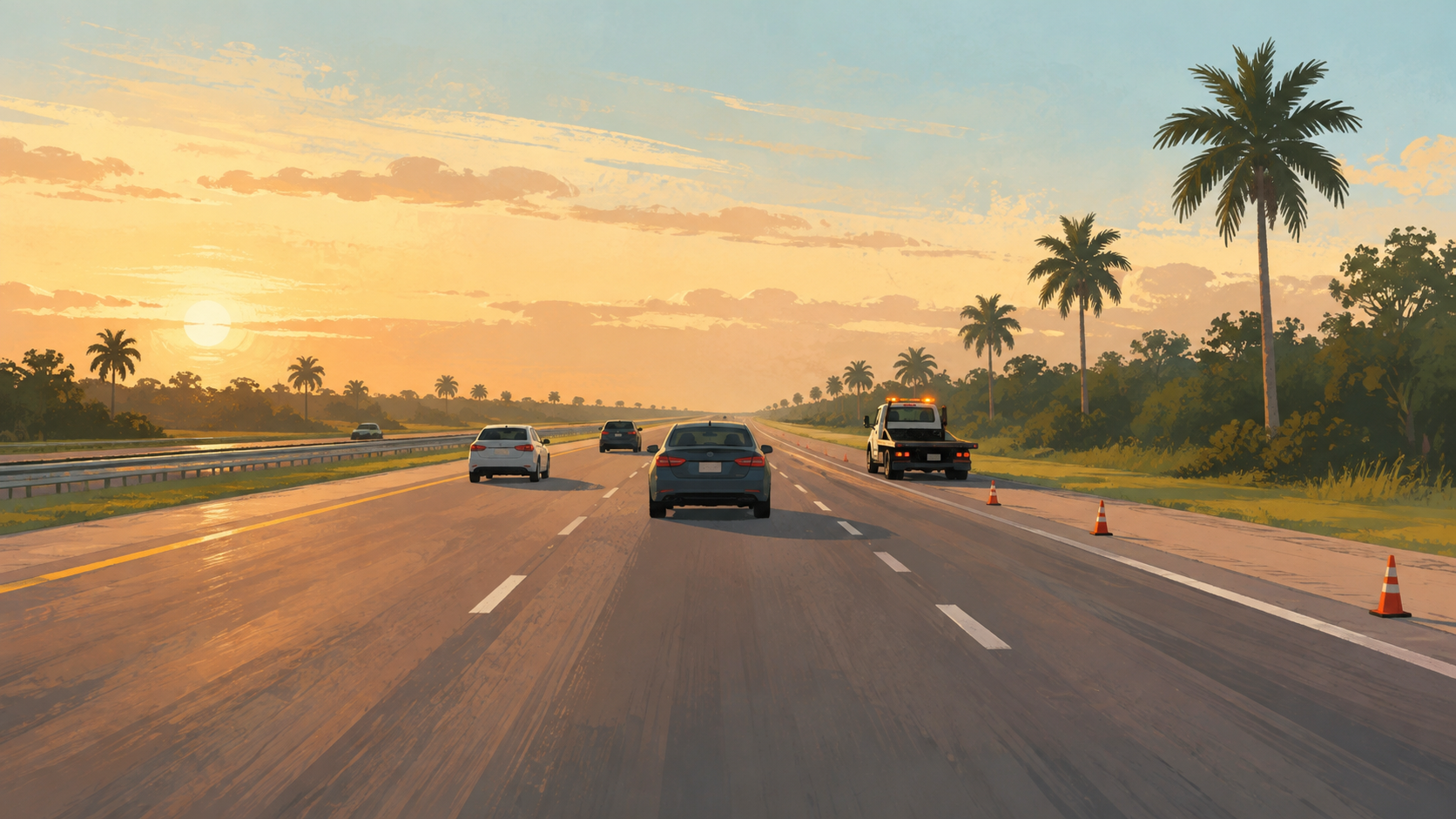 A house illustration of open highway lanes beside a tow truck and traffic cones in early morning light, not a photograph of this event.