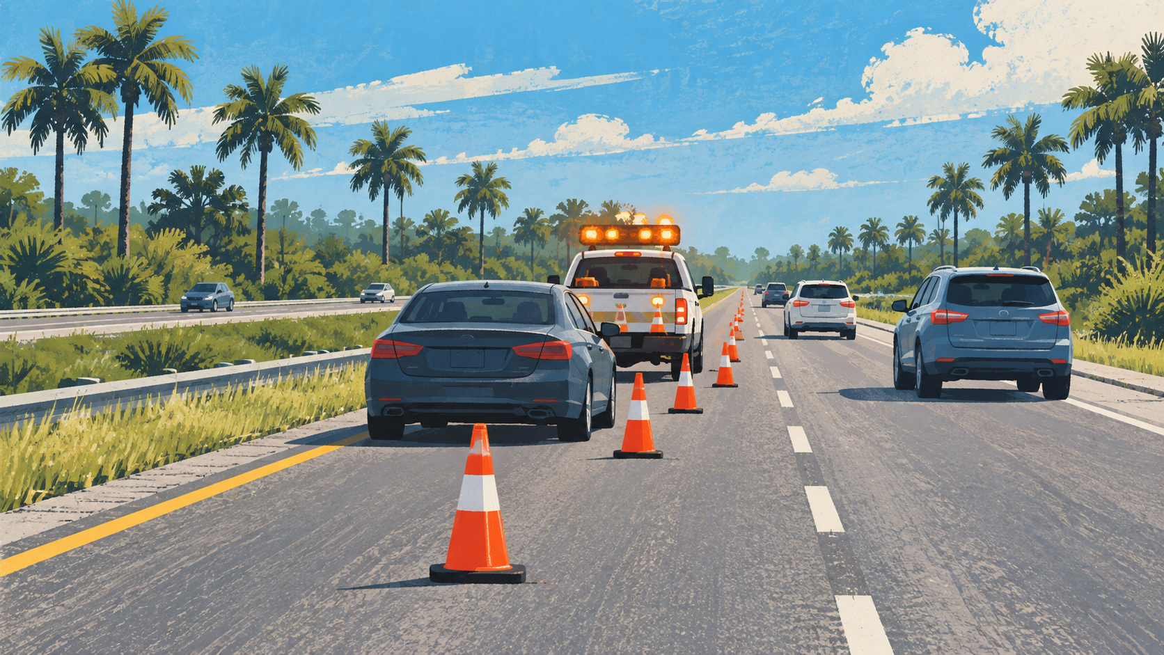 An editorial illustration of cones and amber warning lights protecting a stopped car on a palm lined divided highway, not a photograph of this event.