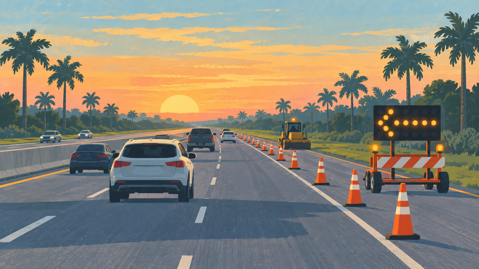 A gouache style illustration of cones and amber warning lights closing the right lane of a palm lined interstate, not a photograph of this event.