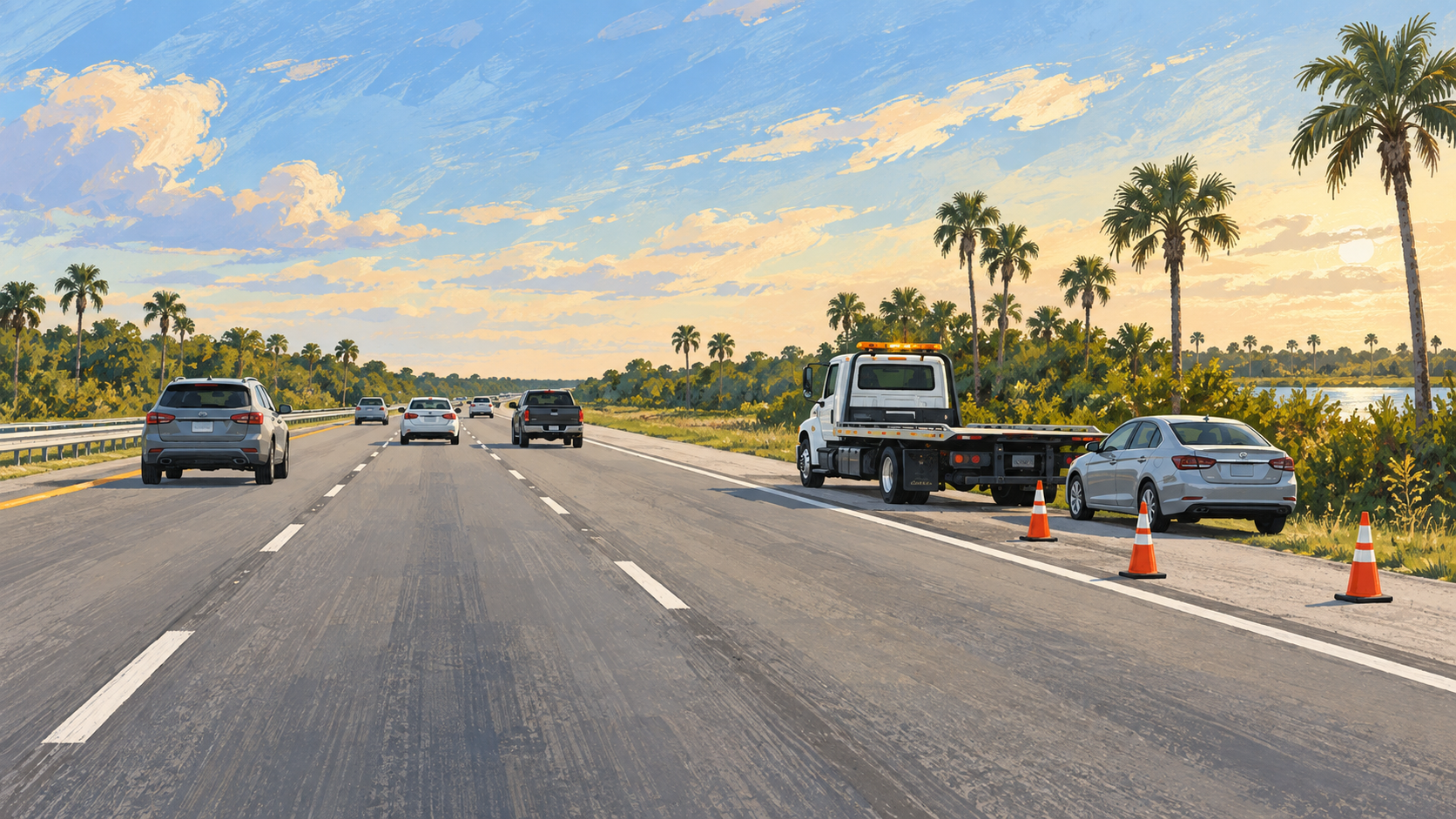 A house illustration of open interstate lanes beside a tow truck, car and cones on the shoulder, not a photograph of this event.