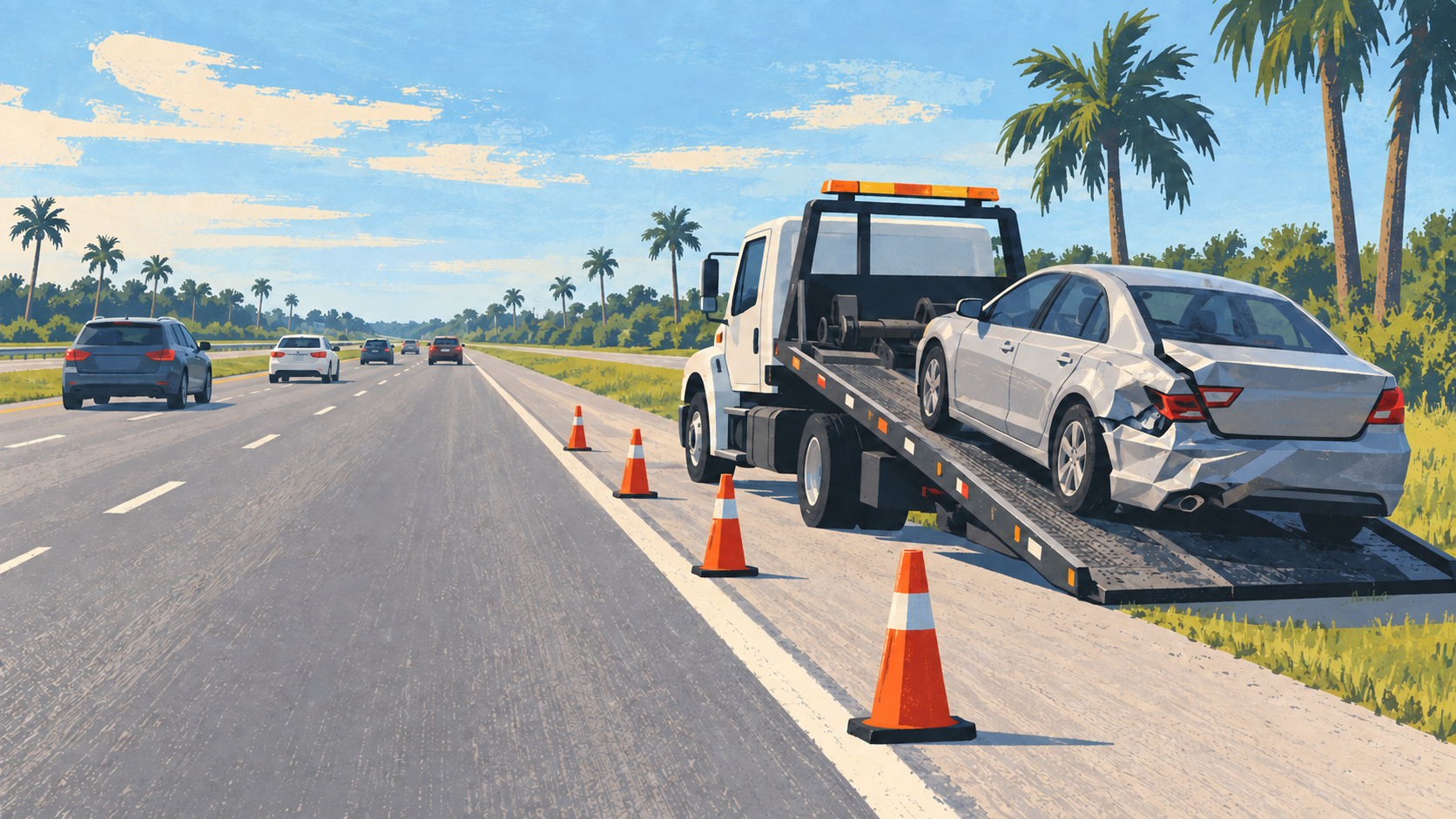 A gouache style illustration of an unmarked tow truck loading a damaged sedan on a palm lined interstate shoulder, not a photograph of this event.
