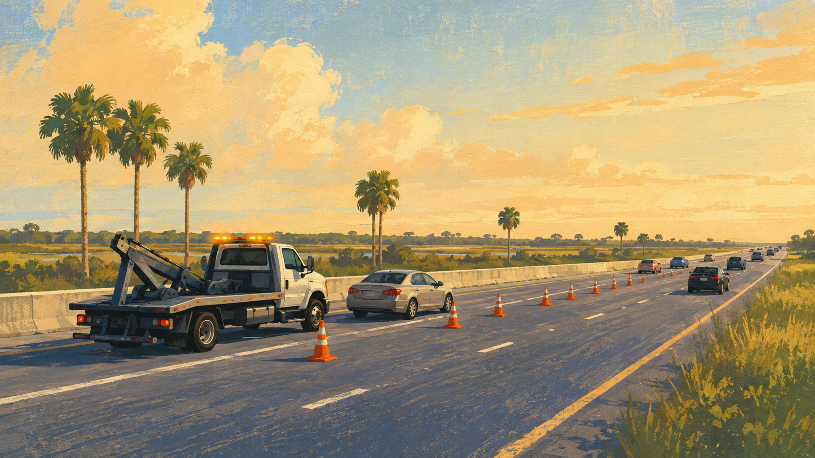 An editorial illustration of a tow truck, a stopped sedan and orange cones closing one interstate lane beneath palm trees, not a photograph of this event.