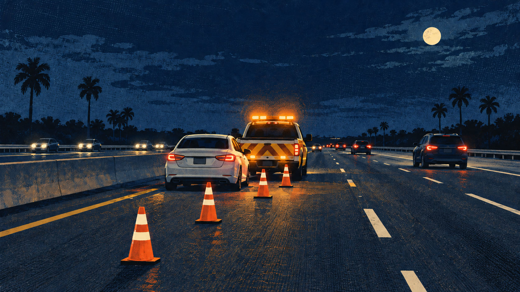 A screen printed illustration of a disabled car, cones and an amber response truck in one lane of a palm lined interstate at night, not a photograph of this event.
