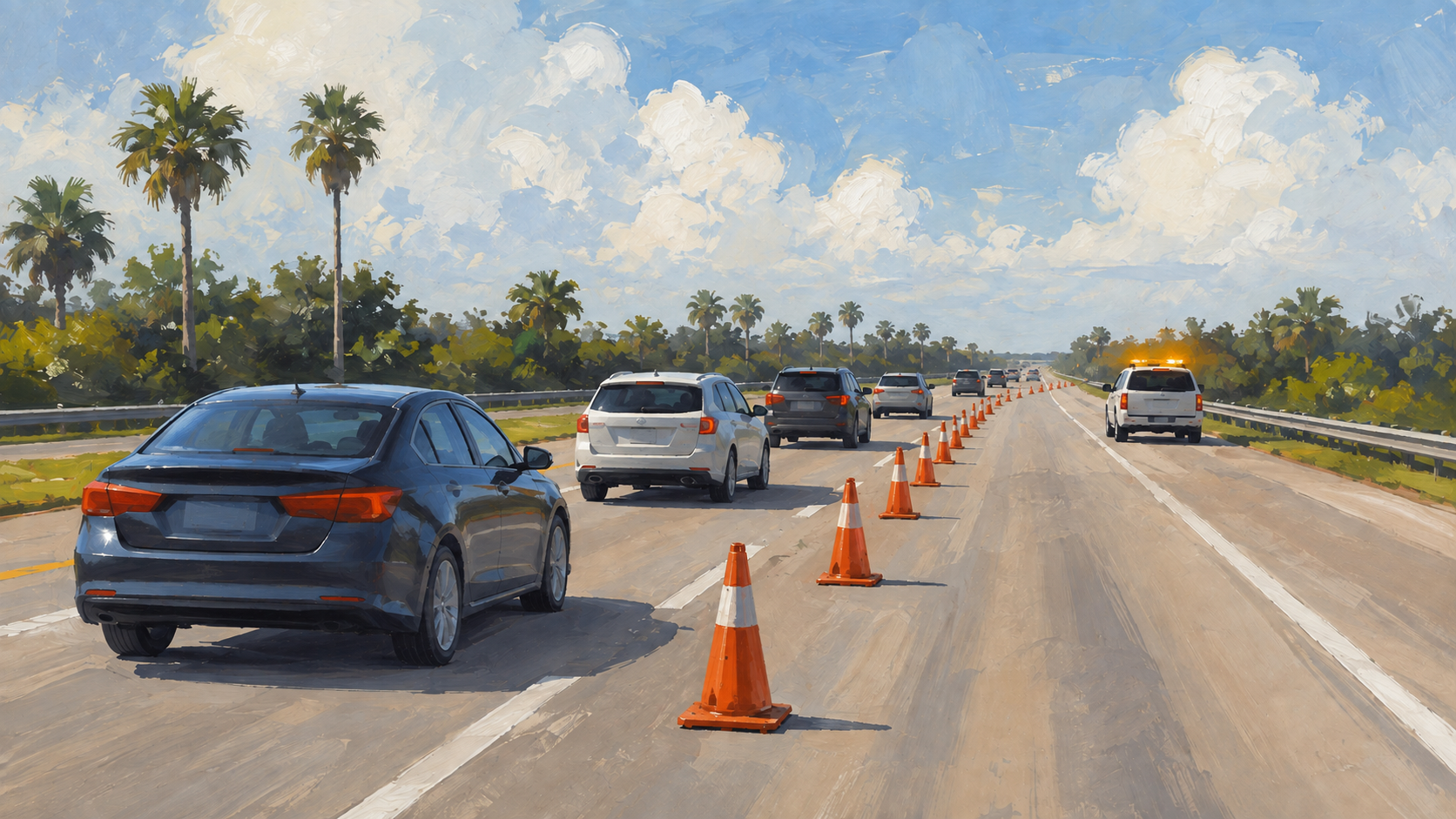 A house illustration of traffic cones tapering vehicles away from a center lane on a palm lined highway, not a photograph of this event.