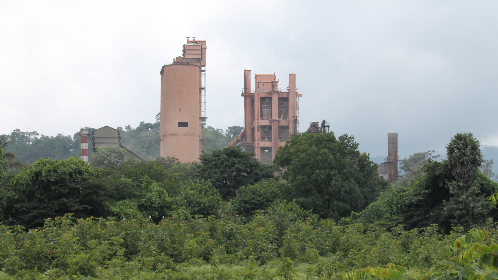 The Malabar Cement factory rises above green trees in Palakkad, Kerala.