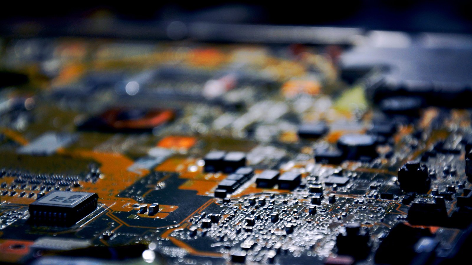 A photograph illustrating circuit board traces macro.
