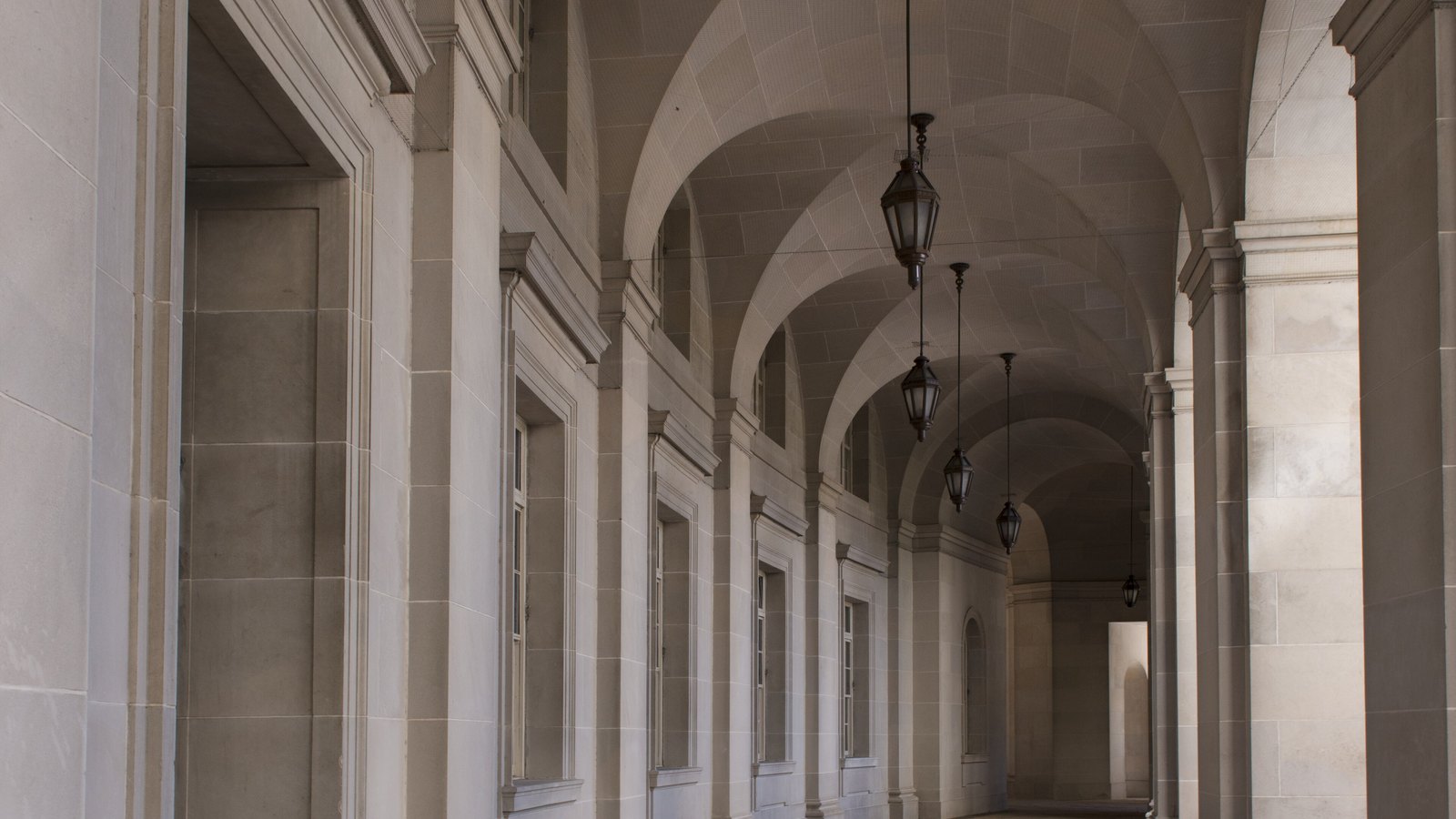 A colonnaded corridor at the Internal Revenue Service headquarters building in Washington.