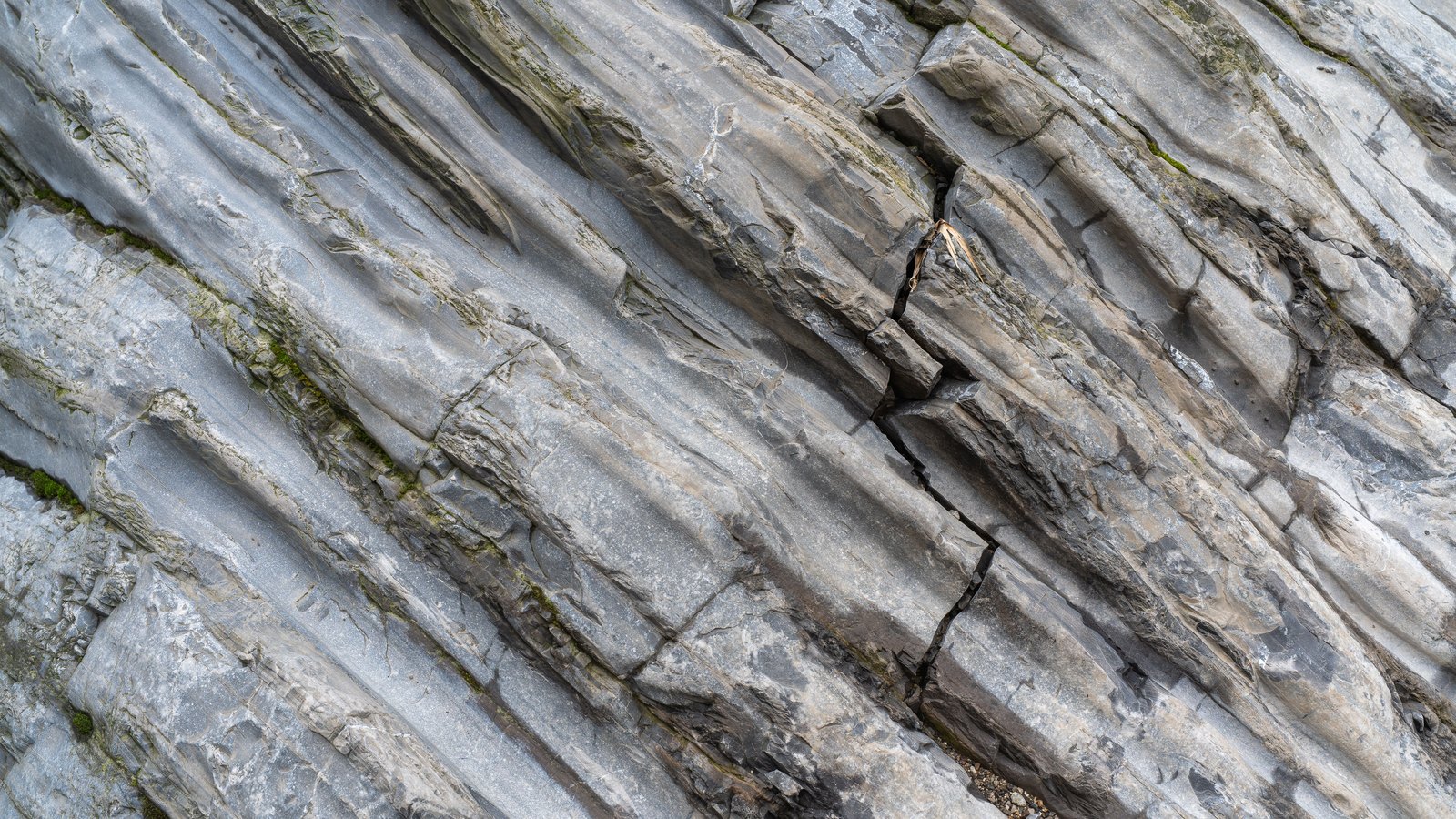 A grey rock face filling the frame, split into parallel diagonal bands of stone, with one narrow fissure running down through the layers near the centre.