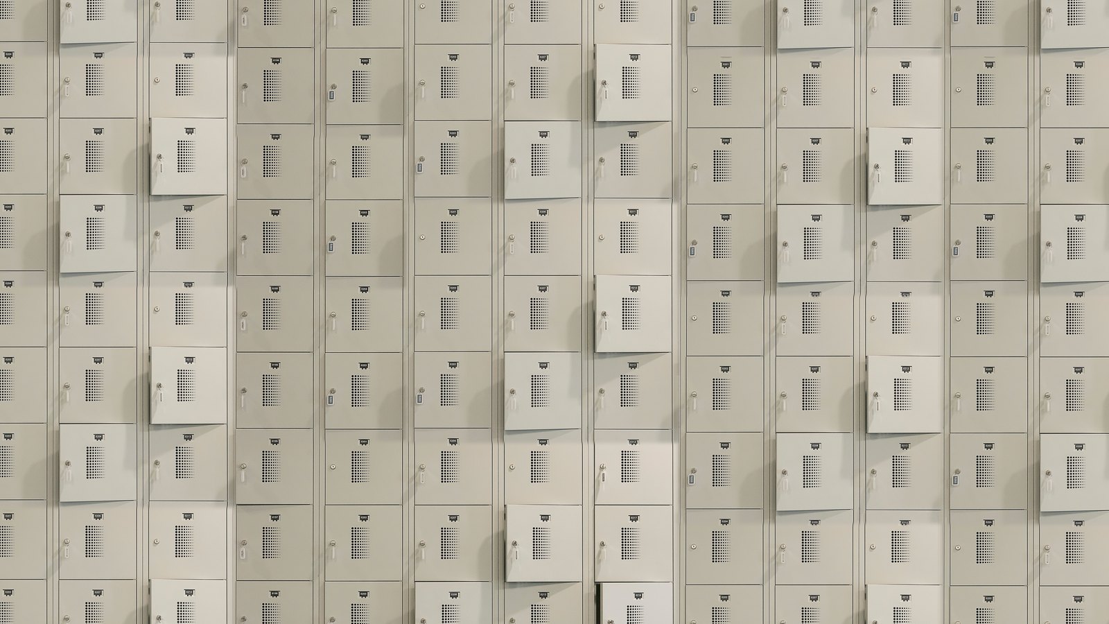 A wall of identical pale metal compartment doors filling the frame in rows and columns. Each door carries a keyhole, a small panel of drilled ventilation holes and a tiny dark number plate too small to read. Many of the doors stand ajar. No lettering, brand mark or place is visible.