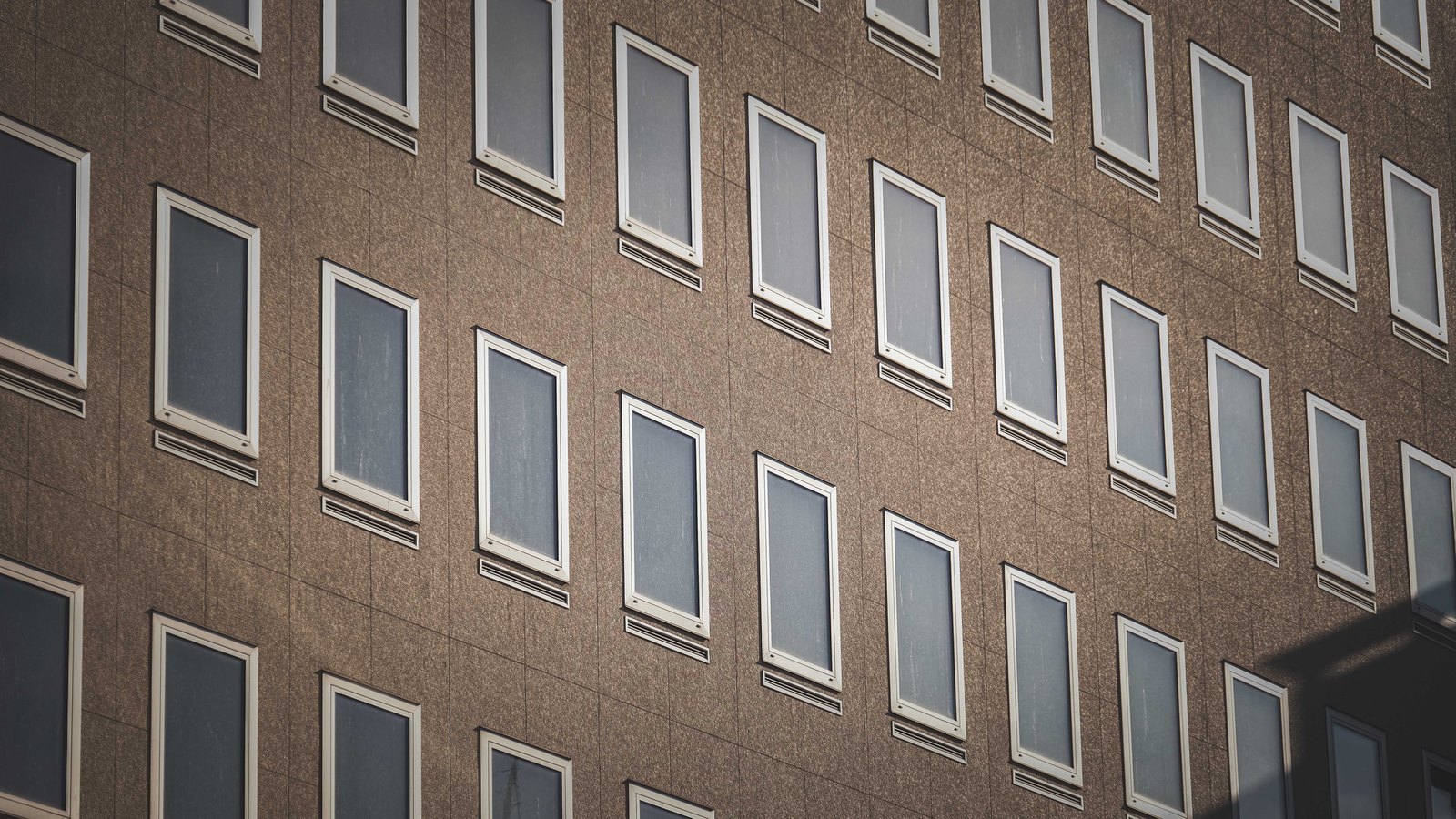 A grid of identical white-framed office windows repeating across a brown aggregate concrete facade, filling the frame, with one building corner falling into shadow at the right.