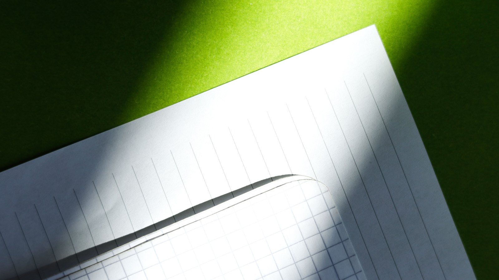 A sunlit close view of white ruled and graph paper sheets overlapping at an angle against a bright green surface.