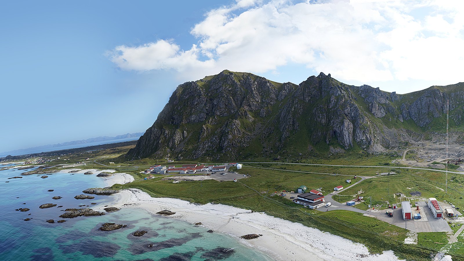 An aerial panorama of the Andoya Space Center facility on the Norwegian coast.